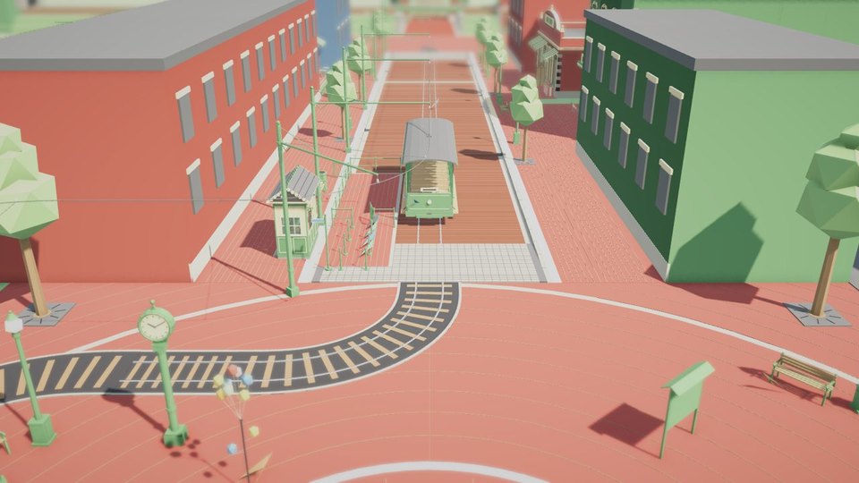 A miniature theme park street with rides, food stalls and guests